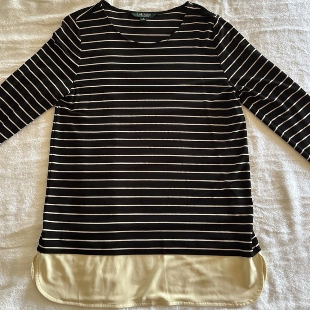 Lauren Ralph Lauren Striped Top Womens‎ Medium Black Cream Layered Hem Nautical